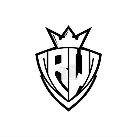 Logo de lettre audacieuse RW avec forme de bouclier triangulaire pointu avec couronne à l'intérieur contour blanc sur fond blanc