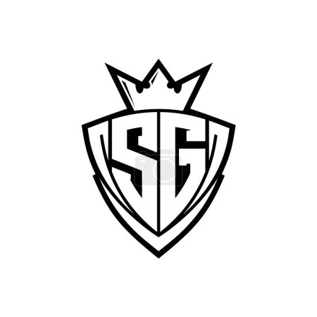 Logo de la letra en negrita SG con forma de escudo triangular afilado con corona dentro del contorno blanco en el diseño de la plantilla de fondo blanco