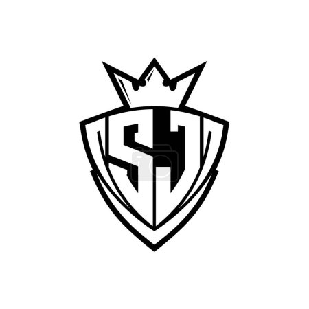 SJ Bold letter logo with sharp triangle shield shape with crown inside white outline on white background template design