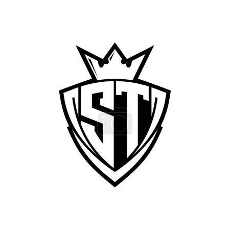 ST Fettes Buchstaben-Logo mit scharfem Dreieck Schildform mit Krone innen weißen Umriss auf weißem Hintergrund Vorlage Design