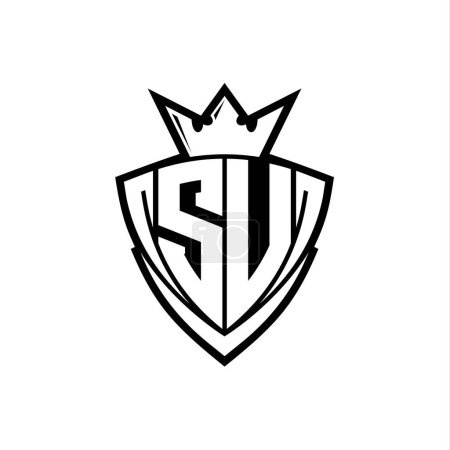 SU Bold Letter Logo mit scharfem Dreieck Schildform mit Krone innen weißen Umriss auf weißem Hintergrund Vorlage Design