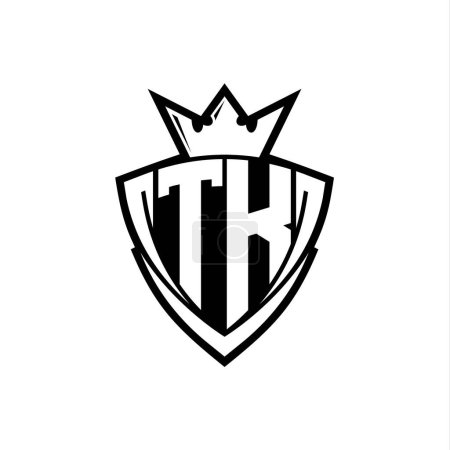Logo de letra negrita TK con forma de escudo triangular afilado con corona dentro del contorno blanco en el diseño de la plantilla de fondo blanco