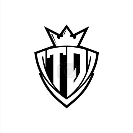 Logo de letra negrita TQ con forma de escudo de triángulo afilado con corona dentro del contorno blanco en el diseño de la plantilla de fondo blanco