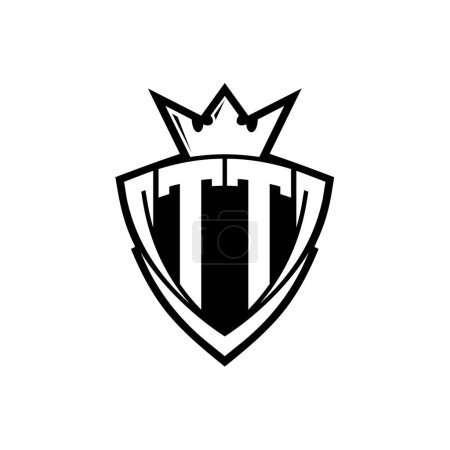 Logotipo de letra TT negrita con forma de escudo triangular afilado con corona dentro del contorno blanco en el diseño de la plantilla de fondo blanco
