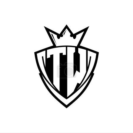 Logotipo de letra en negrita TW con forma de escudo triangular afilado con corona dentro del contorno blanco en el diseño de la plantilla de fondo blanco