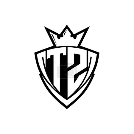 Logo de letra en negrita TZ con forma de escudo de triángulo afilado con corona dentro del contorno blanco en el diseño de la plantilla de fondo blanco