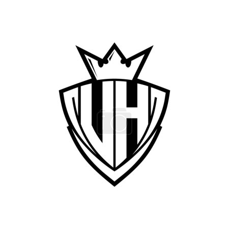 Logotipo de letra en negrita UH con forma de escudo triangular afilado con corona dentro del contorno blanco en el diseño de la plantilla de fondo blanco