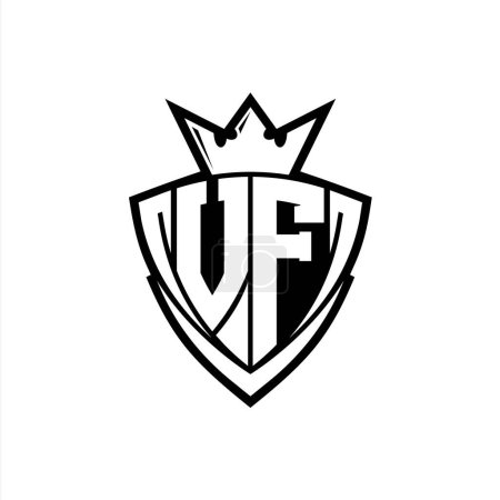 VF Bold letter logo with sharp triangle shield shape with crown inside white outline on white background template design