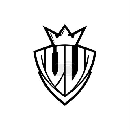 VU Bold letter logo with sharp triangle shield shape with crown inside white outline on white background template design
