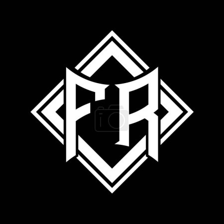 FR Letter Logo mit abstrakter Schildform mit quadratischer weißer Umrandung auf schwarzem Hintergrund