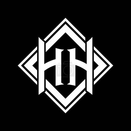 Logo HH Letter con forma de escudo abstracto con contorno blanco cuadrado en el diseño de la plantilla de fondo negro
