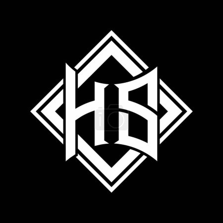 HS Letter Logo mit abstrakter Schildform mit quadratischer weißer Umrandung auf schwarzem Hintergrund