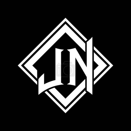 Logo JN Letter con forma de escudo abstracto con contorno blanco cuadrado en el diseño de la plantilla de fondo negro