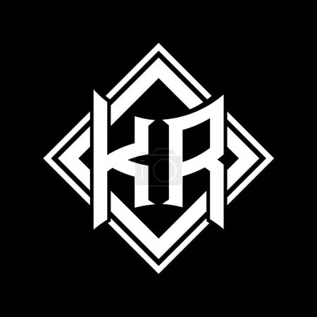 Logotipo KR Letter con forma de escudo abstracto con contorno blanco cuadrado en el diseño de la plantilla de fondo negro