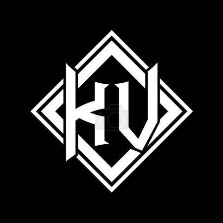 Logotipo KV Letter con forma de escudo abstracto con contorno blanco cuadrado en el diseño de la plantilla de fondo negro