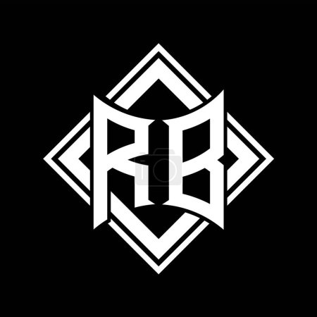 Logo lettre RB avec forme abstraite de bouclier avec contour blanc carré sur fond noir