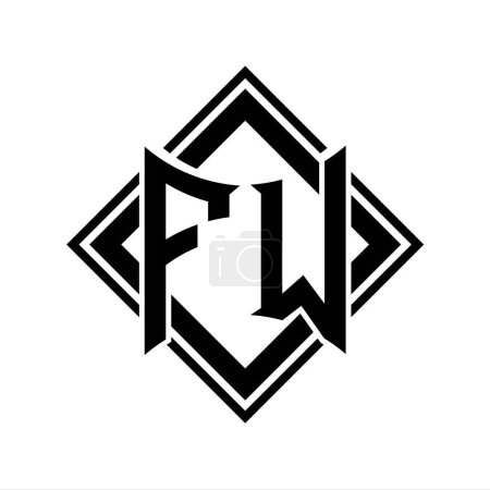 Logo lettre FW avec forme abstraite de bouclier avec contour carré noir sur fond blanc