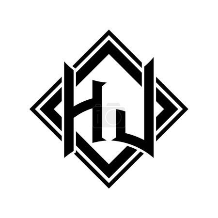 HJ Letter Logo mit abstrakter Schildform mit quadratischer schwarzer Umrandung auf weißem Hintergrund Vorlage Design