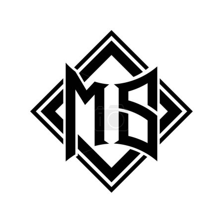 MS Letter Logo mit abstrakter Schildform mit quadratischer schwarzer Umrandung auf weißem Hintergrund