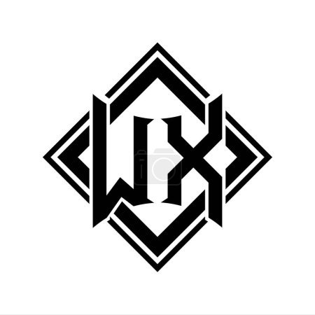 Logo WX Letter avec forme abstraite de bouclier avec contour carré noir sur fond blanc
