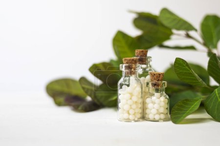Foto de Glóbulos homeopáticos en pequeñas botellas de vidrio sobre el fondo de hojas verdes naturales. Vista lateral, espacio para texto. - Imagen libre de derechos