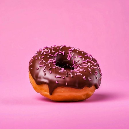 Chocolate-covered donut on a pink background.-stock-photo