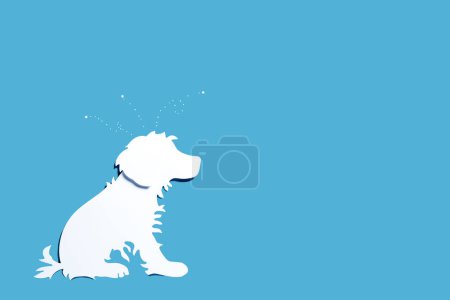 Silhouette of a furry dog with fleas jumping out of it. The concept of grooming a pet. Flat lay, top view, banner, copy space.