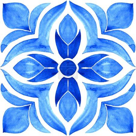 Portuguese azulejo tile. Blue and white gorgeous seamless pattern. Hand painted watercolor illustration. For wallpaper, web background, print, surface texture