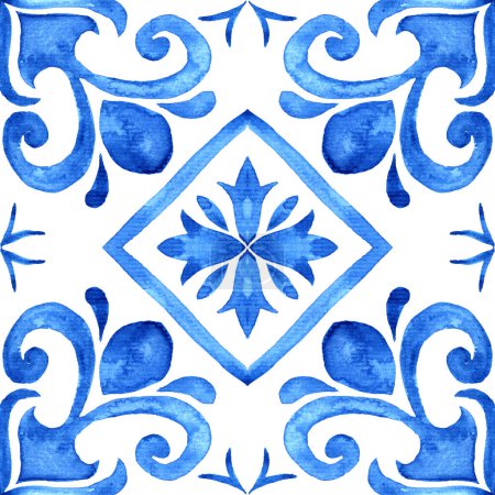 Portugiesische Azulejo-Fliese. Blau und weiß wunderschöne nahtlose Muster. Handgemaltes Aquarell. Für Scrapbooking Tapetentapeten für Smartphones Web-Hintergrund drucken Oberfläche Textur Kissen Handtücher Bettwäsche