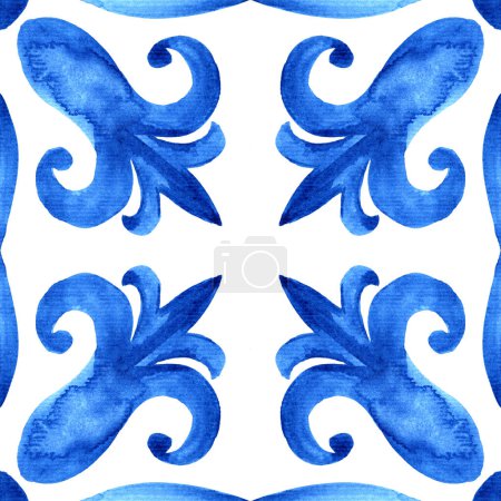 Portuguese azulejo tile. Blue and white gorgeous seamless pattern. Hand painted watercolor. For scrapbooking wallpaper cases for smartphones web background print surface texture pillows towels linens
