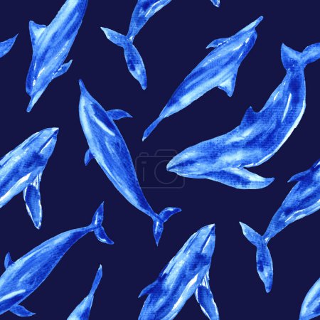 Téléchargez les photos : Aquarelle motif sans couture avec dauphin et baleine bleue isolé sur fond bleu profond. Illustration aquarelle peinte à la main. Applicable pour papier peint, tissu, textile, emballage, etc.. - en image libre de droit