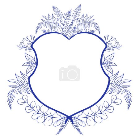 Blue and white wedding Crest template with herbs, eucalyptus and fern branches. Chinoiserie inspired. Perfect for wedding design, invitations and greeting cards. Vector