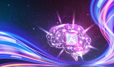 AI technology concept chipset on abstract shinny gradient brain in futuristic style purple pink tone wave line background