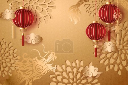 Traditional red lantern with dragon cloud flower relief golden background