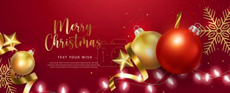 Illustration for Merry Christmas composition 3D realistic red golden baubles decoration star ornaments and chain light - Royalty Free Image