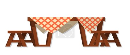 Mesa de comedor de madera con mantel y sillas ilustración de dibujos animados