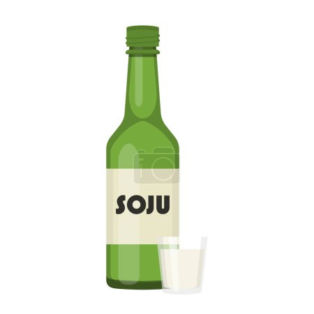 Illustration for Korean alcohol drink SOJU glass bottle and cup cartoon illustration - Royalty Free Image