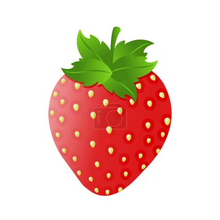 Cute fresh fruit strawberry with green leaf pedicle, cartoon vector isolated illustration