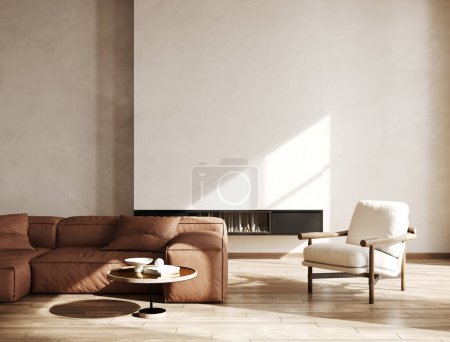 Foto de Moderna maqueta interior de la sala de estar con sofá de cuero, sillón y chimenea, representación 3d - Imagen libre de derechos