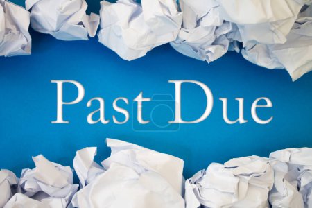 Past Due text with Torn, Crumpled White Paper on colored background.