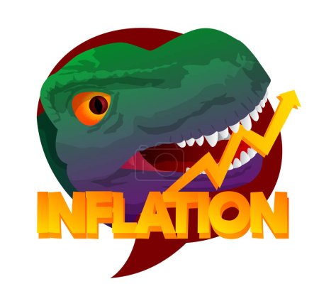 Ilustración de Dinosaurio con burbuja del habla diciendo palabra inflación. Tyrannosaurus Rex con pensamientos. - Imagen libre de derechos
