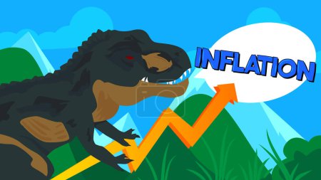 Ilustración de Dinosaurio con burbuja del habla diciendo palabra inflación. Tyrannosaurus Rex con pensamientos. - Imagen libre de derechos