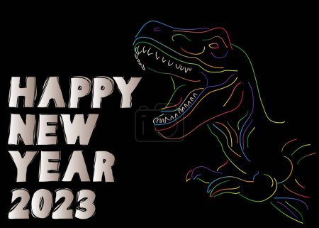 Ilustración de Dinosaurio con burbuja del habla diciendo palabra de Año Nuevo. Tyrannosaurus Rex con pensamientos. Tarjeta de felicitación de vacaciones. Ilustración abstracta del vector. - Imagen libre de derechos