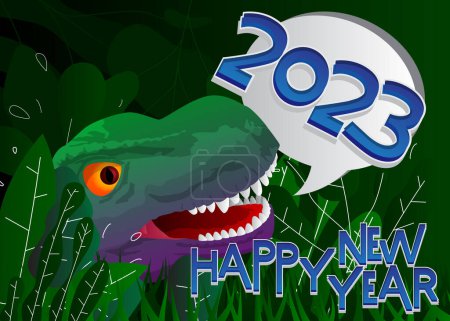Ilustración de Dinosaurio con burbuja del habla diciendo palabra de Año Nuevo. Tyrannosaurus Rex con pensamientos. Tarjeta de felicitación de vacaciones. Ilustración abstracta del vector. - Imagen libre de derechos