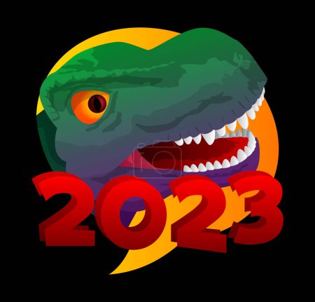 Ilustración de Dinosaurio con burbuja del habla diciendo número 2023. - Imagen libre de derechos