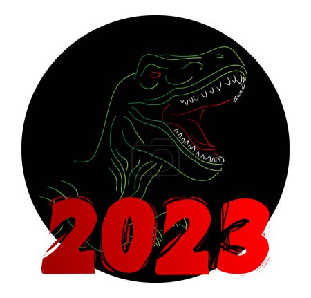 Ilustración de Dinosaurio con burbuja del habla diciendo número 2023. - Imagen libre de derechos