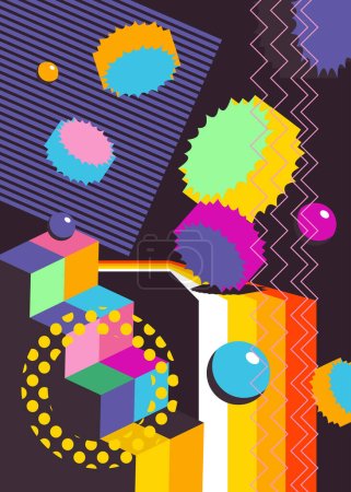 Abstract psychodelic background with geometric shapes. Retro banner and poster. Simple busy old cartoon volumetric vector. Vibrant geometrical graphic art illustration.