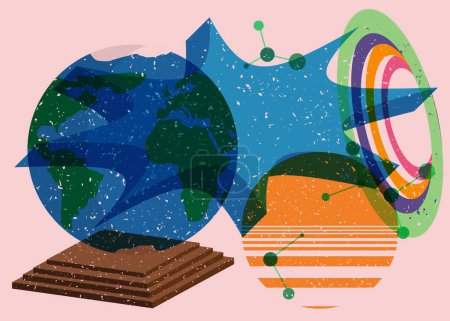 Planet Earth and speech bubble with colorful geometric shapes. Object in trendy riso graph design. Geometry elements abstract risograph print texture style.