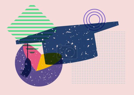 Graduation cap with colorful geometric shapes. Education concept in trendy riso graph design. Geometry elements abstract risograph print texture style.
