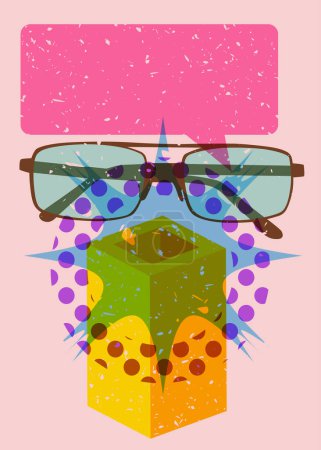 Ilustración de Gafas graduadas Risograph y burbuja de habla con formas geométricas. Objeto de gafas en diseño gráfico riso de moda con elementos geométricos. - Imagen libre de derechos